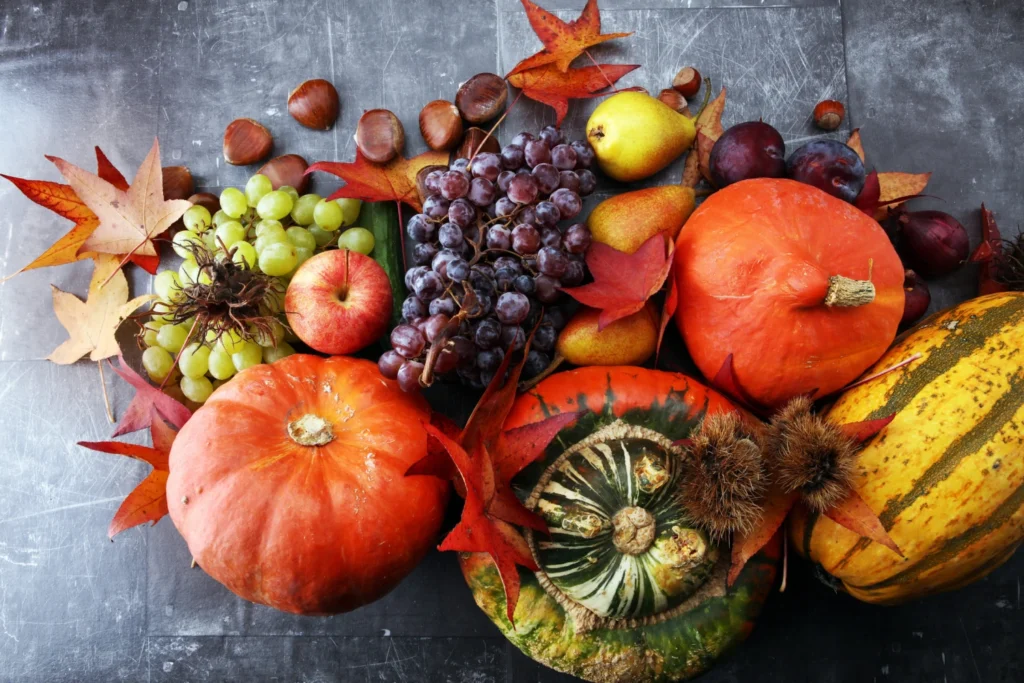 Frutta e verdura di stagione: zucca, uva, pere
