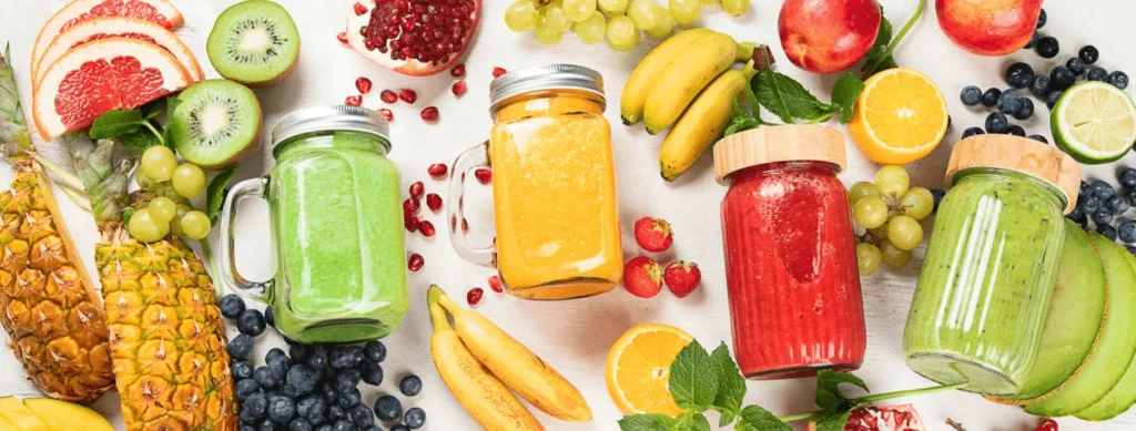 immagine ricca di frutta e verdura con frullati e centrifugati