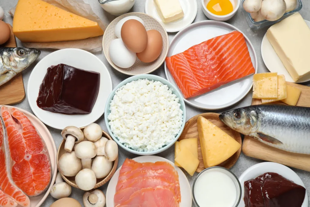 Tavola con alimenti buoni per il sistema immunitario ricchi di vitamina D