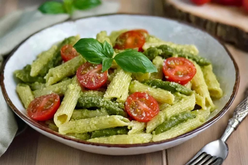piatto con pasta pomodorini, fagiolino e basilico