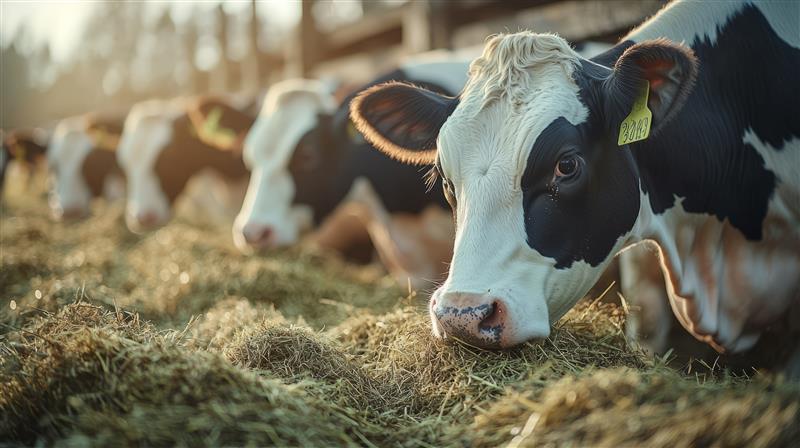 Una mucca d'allevamento che mangia il fieno