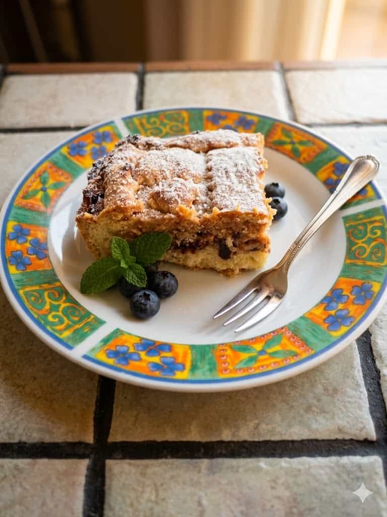 Fetta di torta ai mirtilli e limone su piatto colorato, perfetta per una dieta salutare.