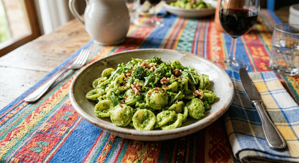 Piatto di orecchiette condite con pesto verde, broccoli e noci