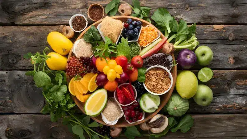 Diversi tipi di cibi ricchi in fibre alimentari presentati su un piatto da portata in legno
