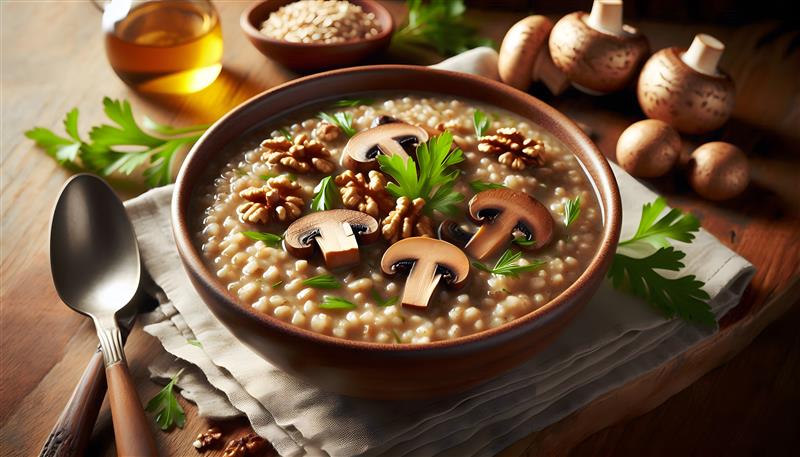 Zuppa di legumi e farro condita con funghi, prezzemolo e noci