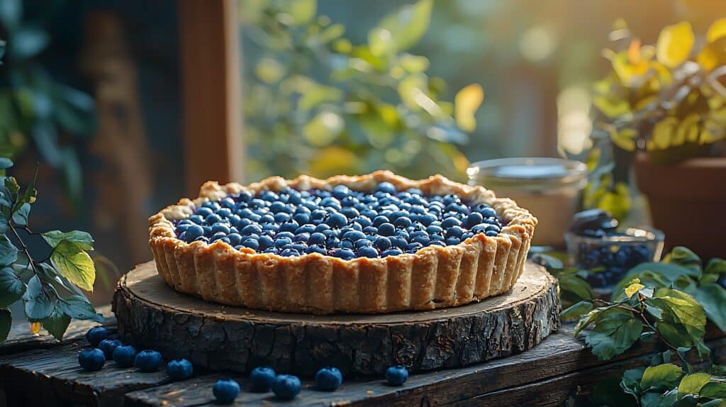 Crostata di mirtilli appoggiata sul tronco di un albero.