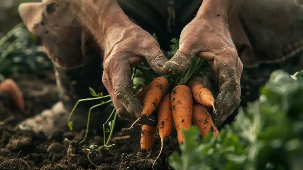 Mani raccolgono carote direttamente dal campo