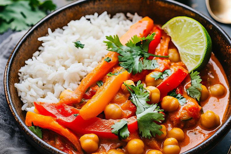 Una ciotola di riso con carote, ceci e condita con prezzemolo e una fetta di lime