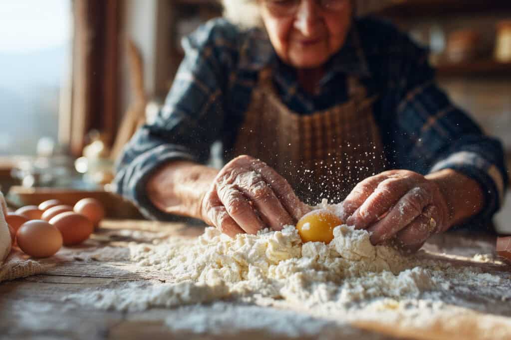 Signora anziana che impasta farina e uova con le mani.