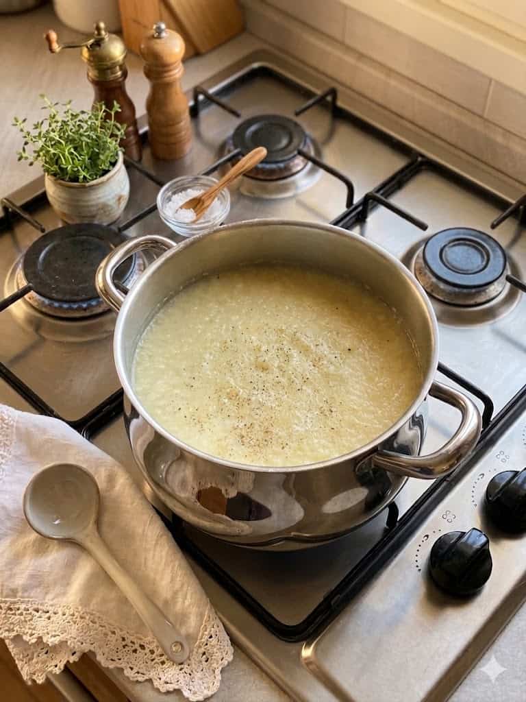 Pentola con brodo caldo su piano cottura a gas, decorata con spezie e piante aromatiche, ambiente cu.