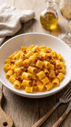 Pasta integrale con crema di carote, zenzero e speck croccante in una ciotola bianca.