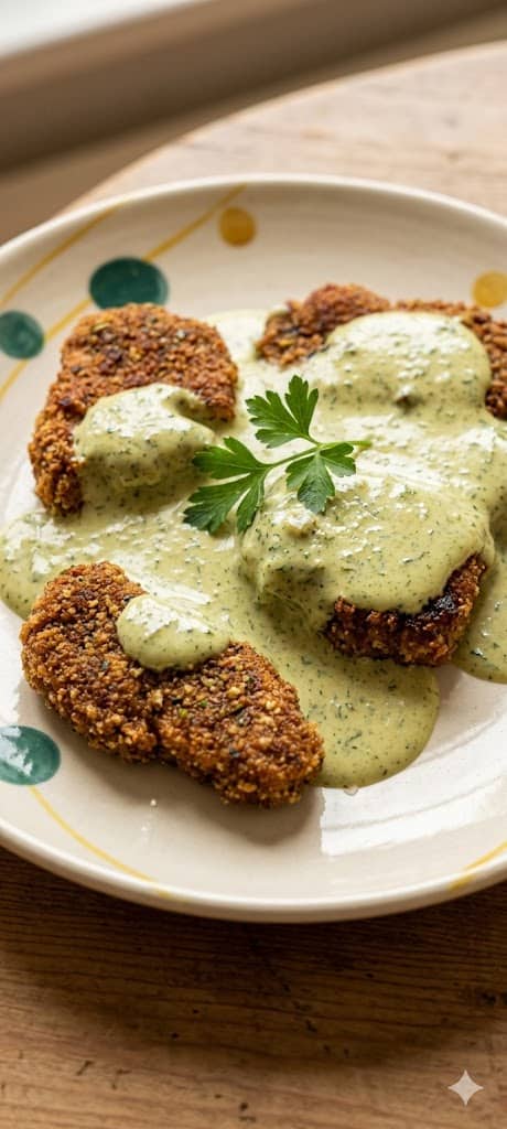 Metabolismo e benessere con pollo impanato e salsa verde.
