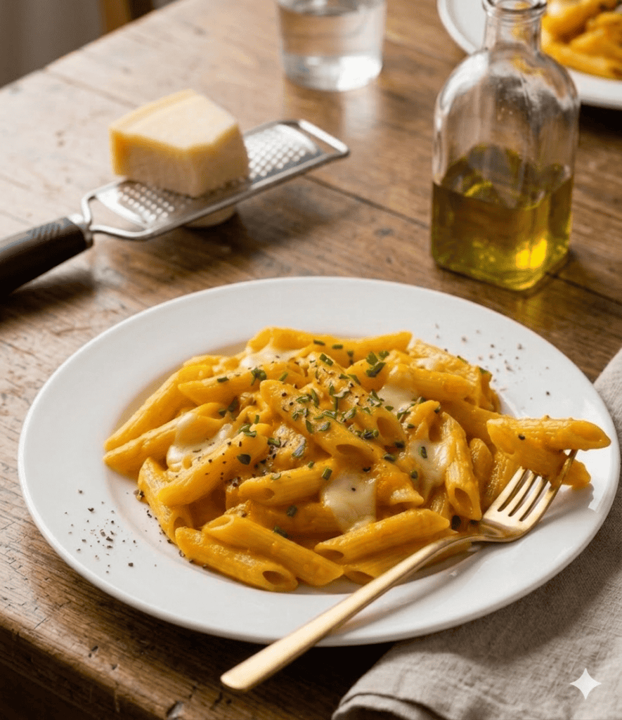 Pasta al forno con formaggio e erbe, olio d'oliva e utensili da cucina rustici.