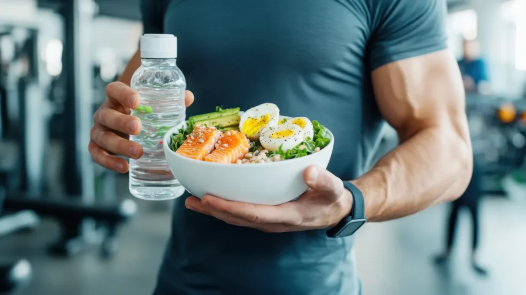 Persona in palestra con una bowl proteica a base di salmone, uova e avocado e una bottiglia d’acqua in mano.