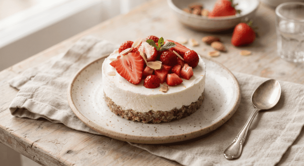 Mini-cheesecake con fragole e mandorle, dolce salutare e gustoso.