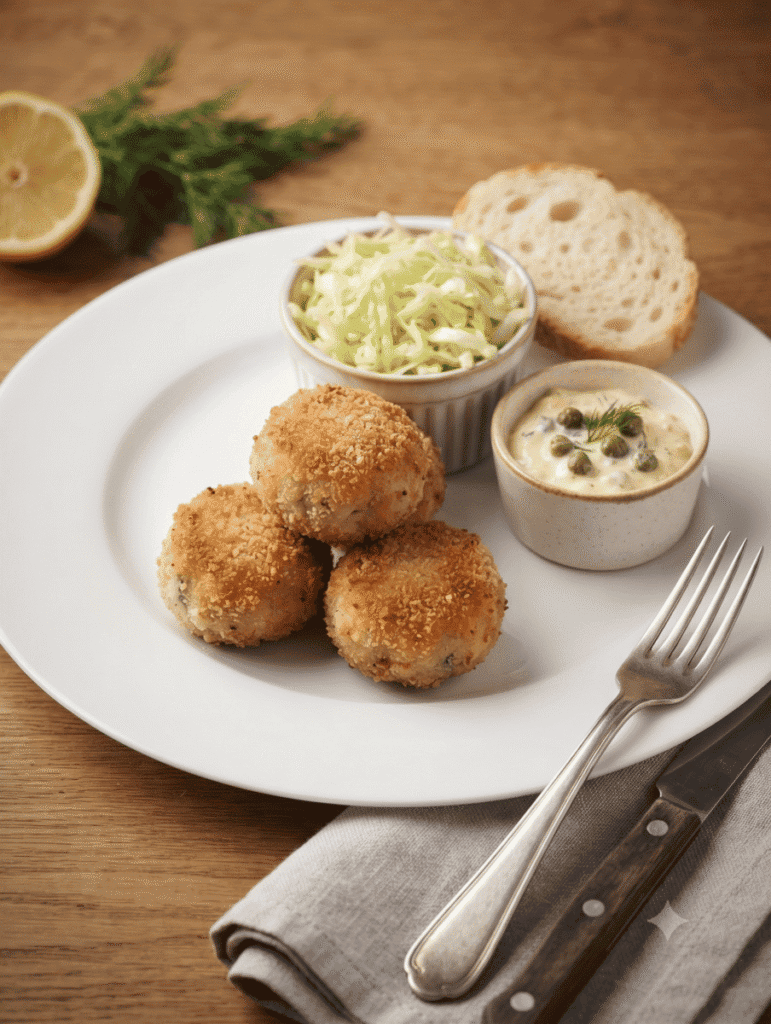 Polpette di pesce con insalata e salsa, piatto salutare e gustoso.
