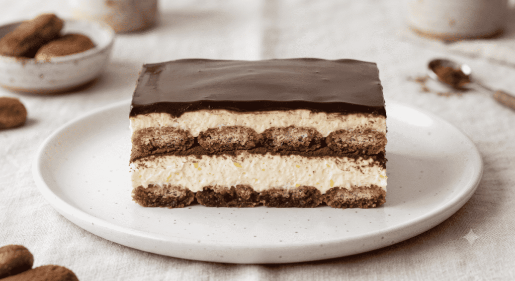 Tiramisù senza zucchero con crema e cioccolato fondente.