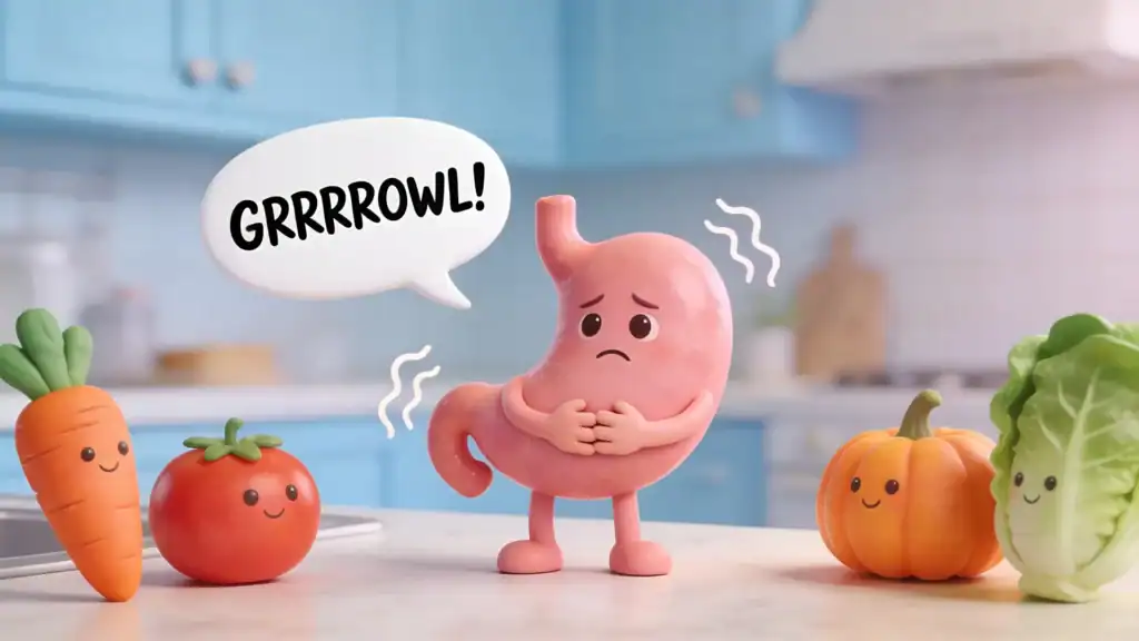 Stomaco animato con espressione triste e carote, pomodoro e insalata sorridenti.