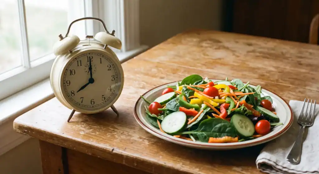 Insalata fresca con orologio da tavolo vicino alla finestra.